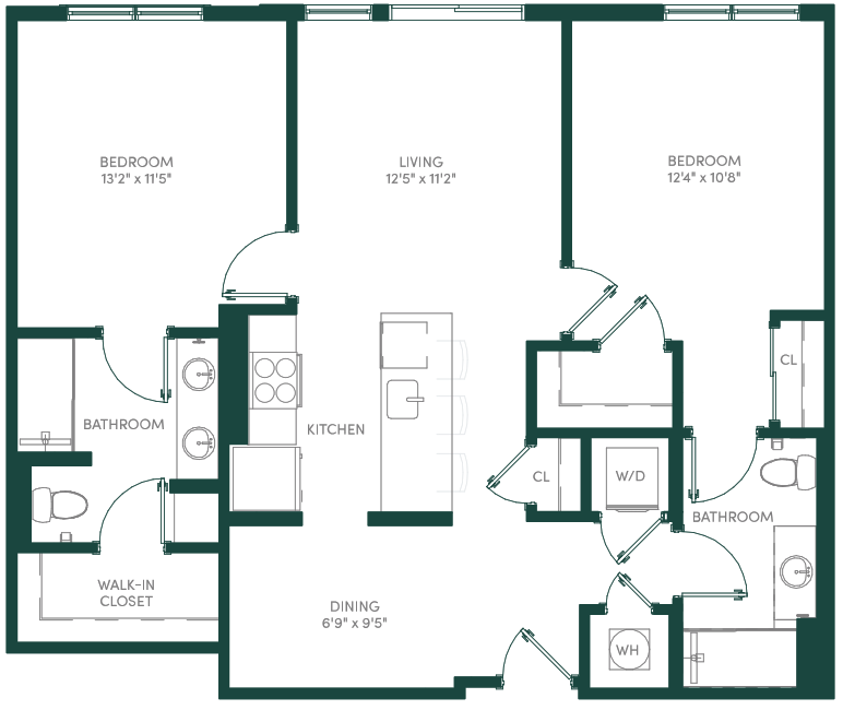 Floor plan for 2 beds, 2 baths, 1066 sqft